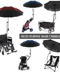 Portable UPF 50 Plus beach umbrella with adjustable universal clamp shown with wheelchair, stroller, cart, and chair attachment.