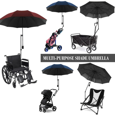 Portable UPF 50 Plus beach umbrella with adjustable universal clamp shown with wheelchair, stroller, cart, and chair attachment.