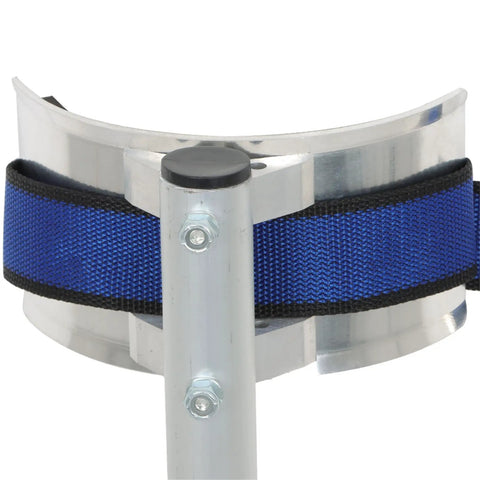 Close-up of Adjustable Drywall Stilts 24 To 40 Inch Aluminum Alloy Stilts for Painting, Cleaning, and Construction Work with blue strap