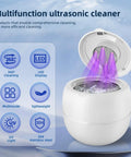 Cordless Ultrasonic Retainer Cleaner With 48kHz Vibration, 210ml Tank, 6 UV Lamps open showing UV light and digital display.