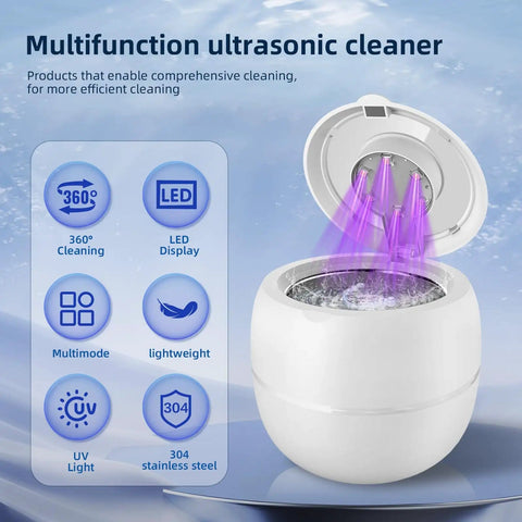 Cordless Ultrasonic Retainer Cleaner With 48kHz Vibration, 210ml Tank, 6 UV Lamps open showing UV light and digital display.