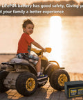 Child on power wheels using 12V 12Ah LiFePO4 Deep Cycle Battery With Built In 12A BMS For solar power, scooters, and more.