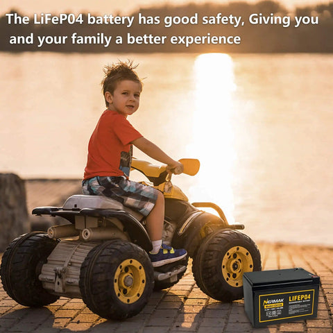 Child on power wheels using 12V 12Ah LiFePO4 Deep Cycle Battery With Built In 12A BMS For solar power, scooters, and more.