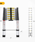 12.5-Foot Telescoping Aluminum Ladder, A Real Workhorse For Home Or Pro Jobs, EN131 Certified, folded and extended view, dimensions shown.