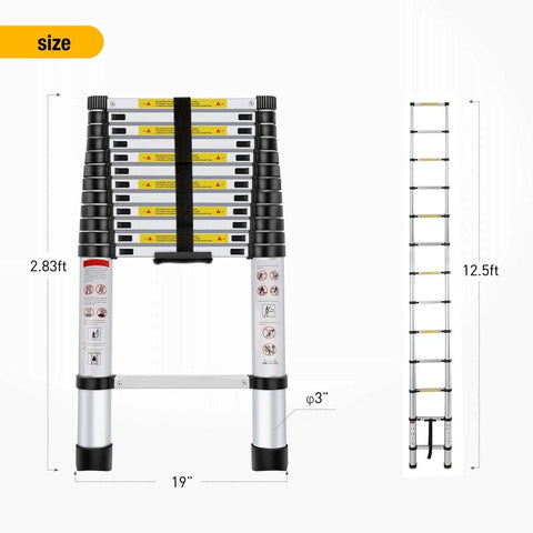 12.5-Foot Telescoping Aluminum Ladder, A Real Workhorse For Home Or Pro Jobs, EN131 Certified, folded and extended view, dimensions shown.