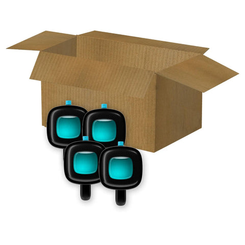 Smart Car Vent Freshener Long Lasting Odor Erasing Clip Set in a box showcasing four clips with adjustable intensity.