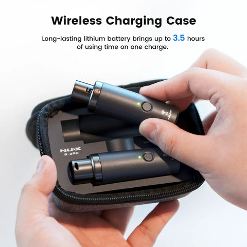Hands holding B-3RC Wireless Microphone System Bundle With Charging Case No Cables Needed Auto Pairing Ultra Low Latency