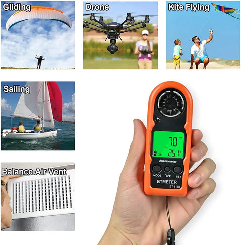 Portable Handheld Anemometer Wind Speed Meter BT-816B With Temperature Sensor And Wind Chill, orange unit in hand