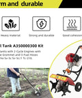 Person using Mantis trimmer with Fuel Tank Replacement Kit A350000300 and description of features and compatibility.