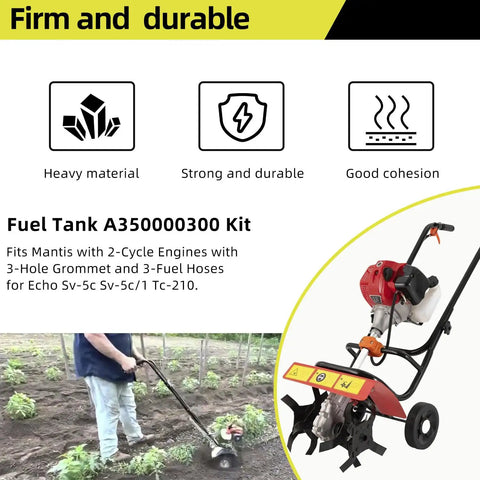Person using Mantis trimmer with Fuel Tank Replacement Kit A350000300 and description of features and compatibility.