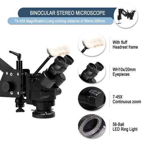 7X-45X Jewelry Stereo Microscope With LED Ring Light And 165 Mm Working Distance, Smooth Zoom For Jewelry Making, Engraving, Gem Inspection, Repair, And Fine Bench Work With 56 LED Illumination. Black binocular microscope with 10x/20mm eyepieces