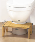 Bamboo Poop Stool 7 Inch Toilet Step For Easy Pooping And Squatting in front of white toilet, wood bathroom foot stool, anti slip layer.