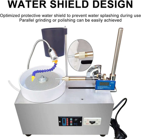 Top Shelf Gem Faceting Machine Featuring Dead Quiet 180W Motor With Smooth Variable Speed Control And Dead Nuts Accurate Digital Angle Display, showcasing water shield design.
