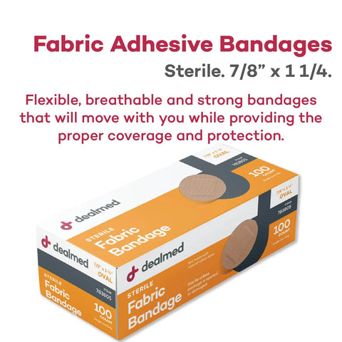 DealMed fabric adhesive bandages box, 100 count, oval 7/8 x 1¼ in, latex-free