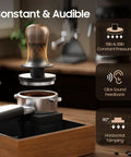 45.5mm Espresso Tamper For Flair Pro 3 with stainless steel flat base, shown over portafilter with sound feedback details