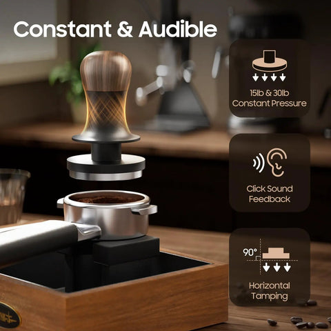 45.5mm Espresso Tamper For Flair Pro 3 with stainless steel flat base, shown over portafilter with sound feedback details