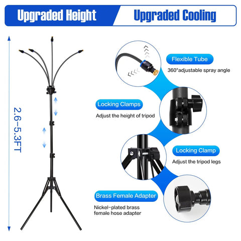 Standing Outdoor Misting System With Adjustable Tripod From Two Point Six Feet To Five Point Three Feet Portable Patio Water Mister features description and parts.