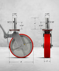 Heavy Duty 8x2 Inch Scaffolding Wheel Set Of 4 With 4400 Lb Capacity, Polyurethane On Steel Wheels, side and front view