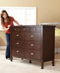 Woman using No Sweat Heavy Duty Furniture Sliders And Movers For Carpet And Hardwood Floors Reusable Floor Saving Kit with dresser.