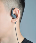 Three Point Five Millimeter Listen Only Earpiece For Ham Radio And Speaker Mics worn by person, side view, black color.