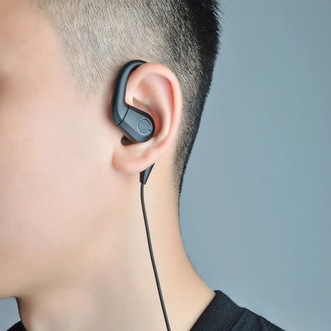 Three Point Five Millimeter Listen Only Earpiece For Ham Radio And Speaker Mics worn by person, side view, black color.