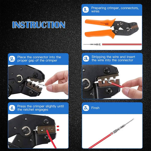 Instruction steps for Pro Grade Ratchet Crimping Tool Kit For Wire And Dupont Pins All In One Pack With Over 500 Connectors.
