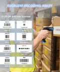Person using 2D Bluetooth Barcode Scanner With 3 In 1 Connectivity Bluetooth 2.4G And USB Wired Handheld Cordless QR Reader For Library And Warehouse Inventory Plug And Play Works With iPad Android iPhone Laptop For Fast Real Time Scans to scan barcodes on boxes in a warehouse.