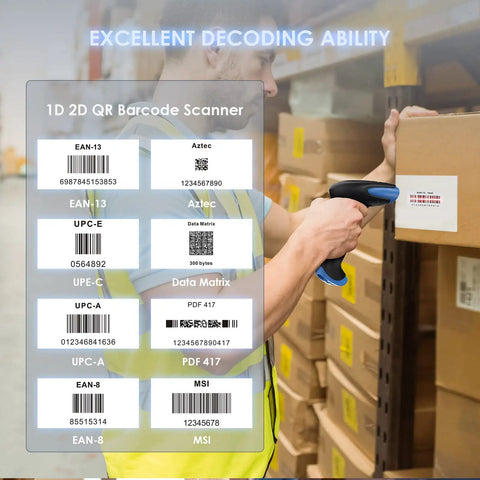 Person using 2D Bluetooth Barcode Scanner With 3 In 1 Connectivity Bluetooth 2.4G And USB Wired Handheld Cordless QR Reader For Library And Warehouse Inventory Plug And Play Works With iPad Android iPhone Laptop For Fast Real Time Scans to scan barcodes on boxes in a warehouse.