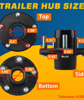 Diagram showing top, side, and bottom views of Two Sets 5 On 4.5 Inch Trailer Hub Kit For 2000 Lbs Axles Fits 1 In Or 1-1/16 In Straight Spindles