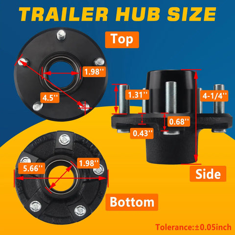 Diagram showing top, side, and bottom views of Two Sets 5 On 4.5 Inch Trailer Hub Kit For 2000 Lbs Axles Fits 1 In Or 1-1/16 In Straight Spindles