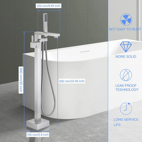 Freestanding Bathtub Faucet Floor Mounted Brass One Handle With Hand Shower Brushed Nickel Finish next to modern bathtub