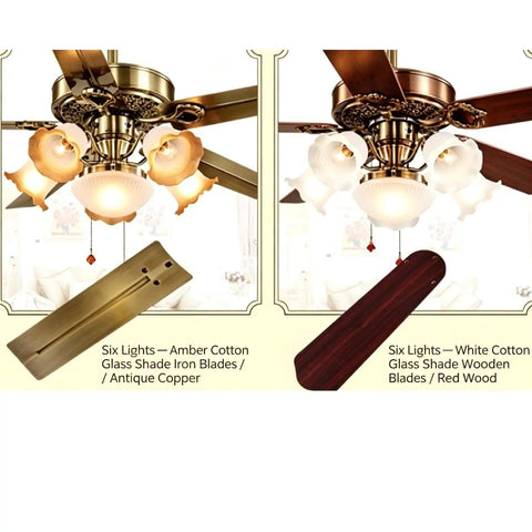 YPDJVLTI Ceiling Fans Lights 48-56Inch LED Fandelier with amber and white glass shades and wooden blades.
