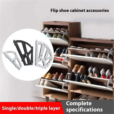 Rock Solid Stainless Steel Double Pack Furniture Hinges Slick Motion Swivel For Foldable Shoe Rack Cabinet Shelves Drawer Hardware shown with shoe storage.