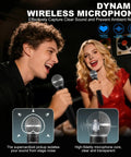 Two people using 2.4GHz AI Auto Scan Wireless Microphone System Pro Set Rechargeable With 300ft Range for karaoke performance.