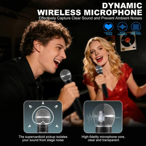 Two people using 2.4GHz AI Auto Scan Wireless Microphone System Pro Set Rechargeable With 300ft Range for karaoke performance.