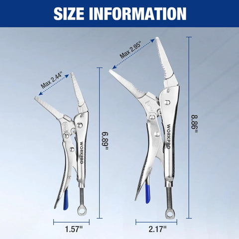 Locking Pliers Set With Curved Jaw And Long Nose, 8.86 inch and 6.89 inch sizes, CRMO steel, size information view.