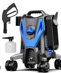 Badass 4800 PSI Electric Pressure Washer with 4 Quick Connect Nozzles and Foam Cannon to Kick Some Dirt from Cars and Driveways while Crushing Grime on Patios Featuring Multi Purpose Outdoor Cleaning Made Super Simple in blue color.