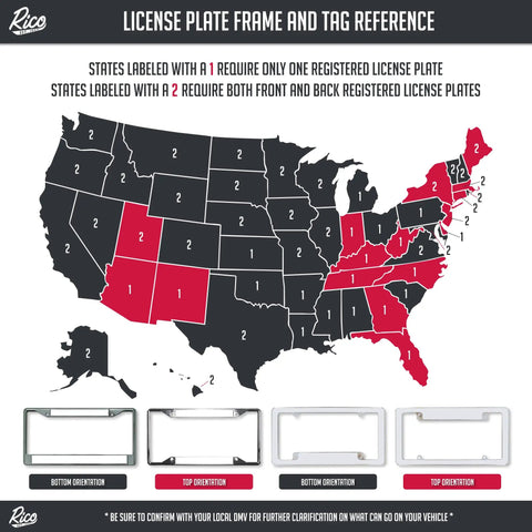 Map of US license plate requirements with frame orientations. Highlighted for auto window display. It's A Philly Thing Black Chrome Car Frame With Decal Insert 12x6 For NFL Philadelphia Eagles Fans Auto Window Display Great Gift For Tailgates And Road Trips.