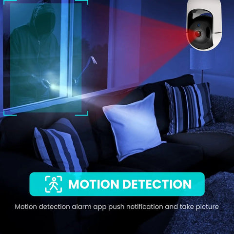 1080P Indoor Security Cam With 64GB SD Card, Two Way Audio, motion detection feature in living room setup