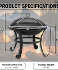 22 Inch Outdoor Fire Pit With Mesh Lid And Log Grate For Backyard Deck Camping And Picnics Durable Steel Construction Heat Resistant And Easy To Carry Portable Fire Pit For Warm Evenings product specifications