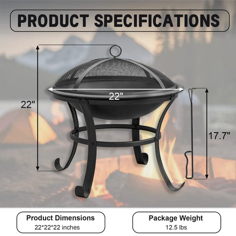 22 Inch Outdoor Fire Pit With Mesh Lid And Log Grate For Backyard Deck Camping And Picnics Durable Steel Construction Heat Resistant And Easy To Carry Portable Fire Pit For Warm Evenings product specifications