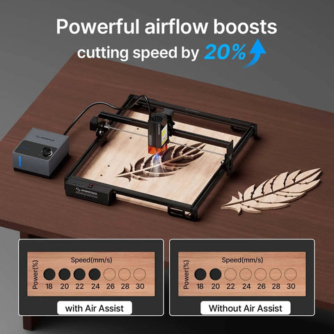 20W A20 Pro V2 Laser Engraver with Auto Air Assist and Eye Protection, cutting leaf pattern on wood at high speed