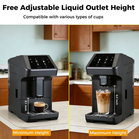 Zero Fuss Automatic Espresso Machine With Built In Grinder, 19 Bar Coffee Maker for various cup sizes and adjustable height settings.