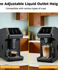 Kick Start Your Day With This Sleek Automatic Espresso Machine Packing A Built In Grinder 19 Bar Pressure And Quick Self Clean Touch Panel For Hella Smooth Latte And Cappuccino Shots At Home Or Work, showing adjustable height for cups.