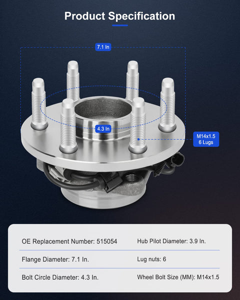 Front Wheel Hub Bearing Assembly 515054 With ABS 6 Lug 2WD specifications diagram