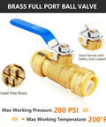 Brass full port ball valve with blue handle and lead-free brass, suitable for 200 PSI and 200°F. Part of Two Pack Three Quarter Inch Push Fit Ball Valve Full Port Shut Off For Hot And Cold Water Includes Disconnect Clip Compatible With PEX Copper CPVC Blue Durable.