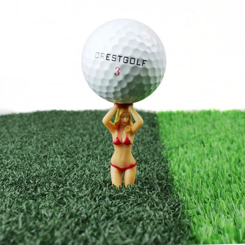 Plastic golf tee with novelty bikini figure holding ball, part of Six Color 3 Inch Plastic Golf Tees Set Novelty Practice Tees For Golfers