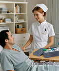 Nurse showing a secure lock box with easy combination code for medication and personal items in a hospital room.