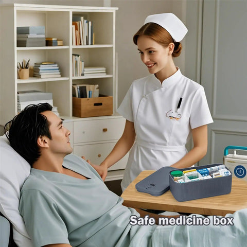 Nurse showing a secure lock box with easy combination code for medication and personal items in a hospital room.