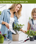 Woman and child using 3 Piece Garden Tool Set With Heavy Duty Trowels And Shovels, Aluminum Blades, Non Slip Grip, for planting.